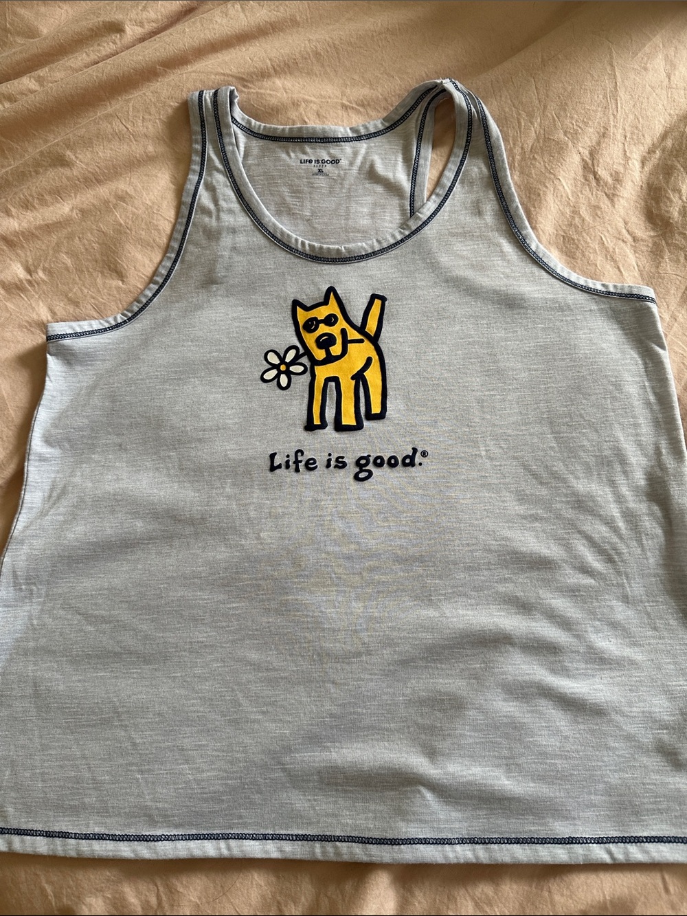 Life Is Good Pale Blue Tank with Yellow Cat Graphic and Navy Trim